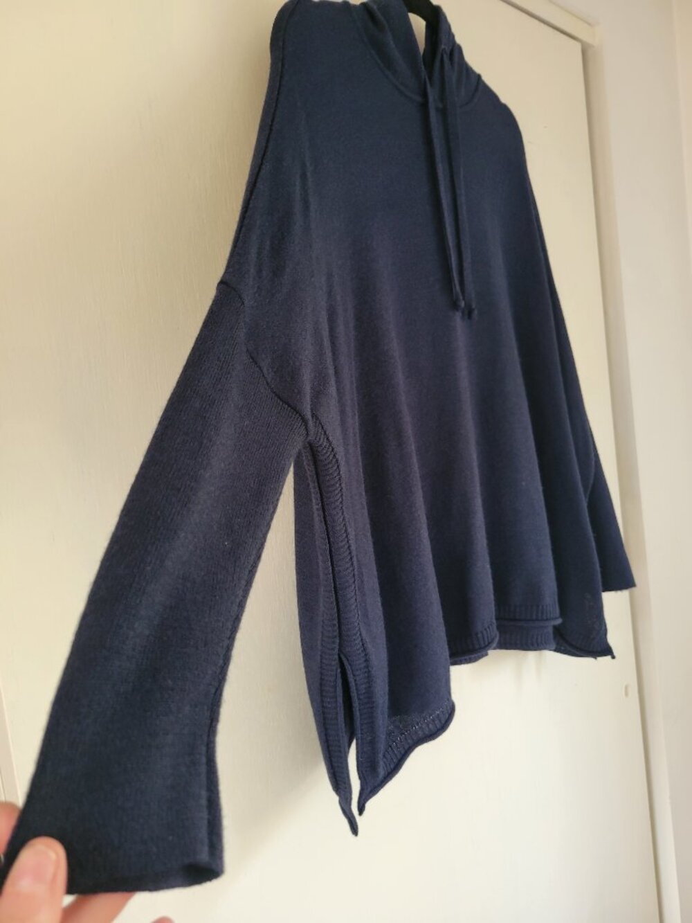 Coastal Boho Hooded Poncho Sweater Navy Oversized Open Side Mersea Lagenlook - Picture 4 of 9